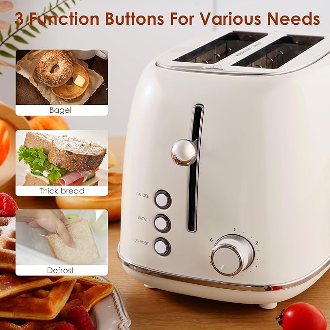 Roter Mond 2 Slice Toaster Retro Stainless Steel with Bagel Cancel and Defrost Functions 6 Bread Shade Settings Extra Wide Slots and Removable Crumb Tray Cream
