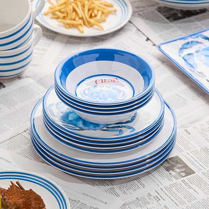 Beach House Crab 12-Piece Melamine Dinnerware Set – Vibrant Coastal Charm Service for 4 Blue &amp White Nautical Design Durable Shatterproof Lightweight and Dishwasher-Safe