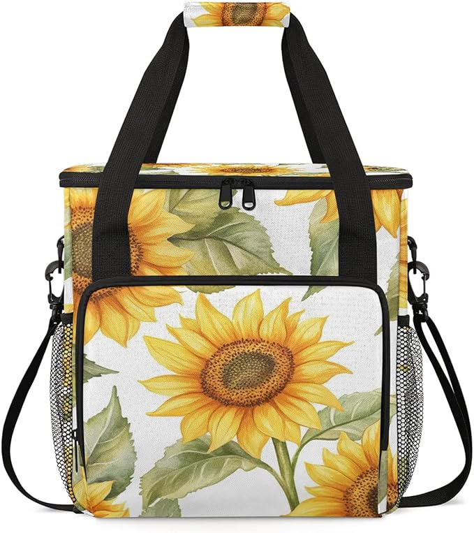 Yellow Flowers Coffee Maker Travel Bag Sunflower Insulated Grocery Bag Travel Picnic Leakproof Cooler Bags With Shoulder Strap