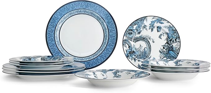 Marchesa Monarcha 12-Piece Dinnerware Set Porcelain Plates and Bowls Set Dishwasher and Microwave Safe Dish Set for 4 Blue