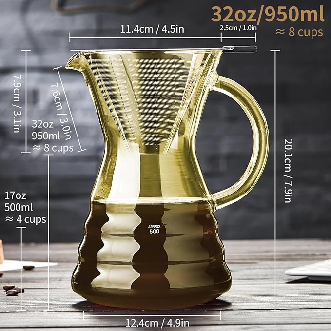 Unbreakable - Pour Over Coffee Maker with Permanent Stainless Filter 27 fl oz Thickened Heat-Resistant Borosilicate Glass Dripper Coffee Brewer Stovetop Safe