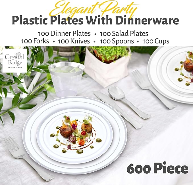 600-Piece Premium Plastic Dinnerware Set for 100 Guests - Includes 100 Dinner Plates Salad Plates Cutlery (Forks Knives Spoons) Cups - White with Silver Rim