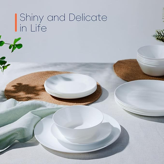 Dinnerware Sets for 6 LaGlint 18 Pieces Opal Glass Plates and Bowls Set Dishwasher and Microwave Safe Dish Dinning Ware Chip and Scratch Resistant Dishware White