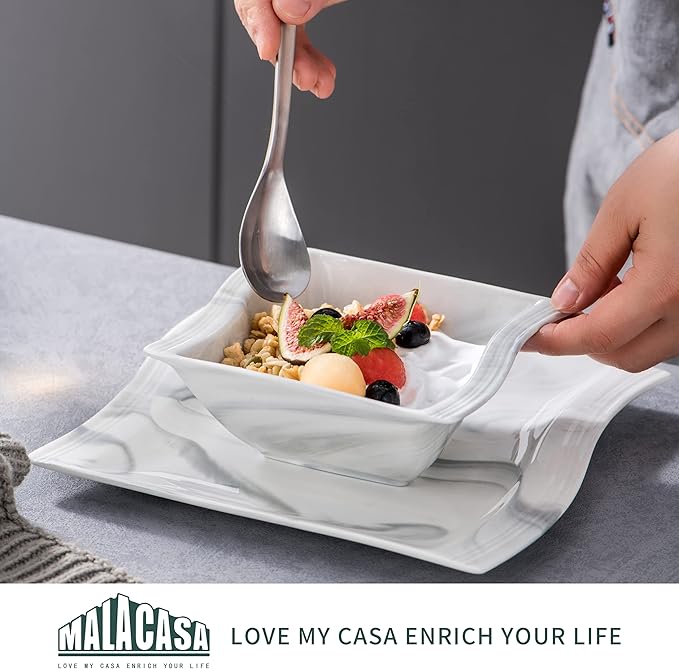 MALACASA 30 Piece Marble Grey Square Dinnerware Sets Bundle With 26 Piece Plates and Bowls Sets Series FLORA
