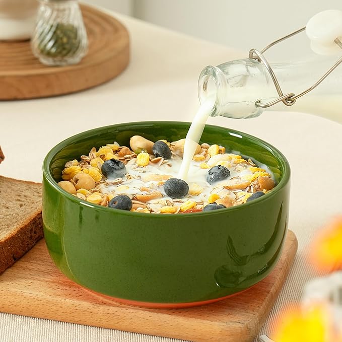 Stoneware Cereal and Soup Bowls Set of 4 6-Inch Dual Glaze Ceramic Bowls for Breakfast &amp Oatmeal Microwave and Dishwasher Safe Forest Glaze Green