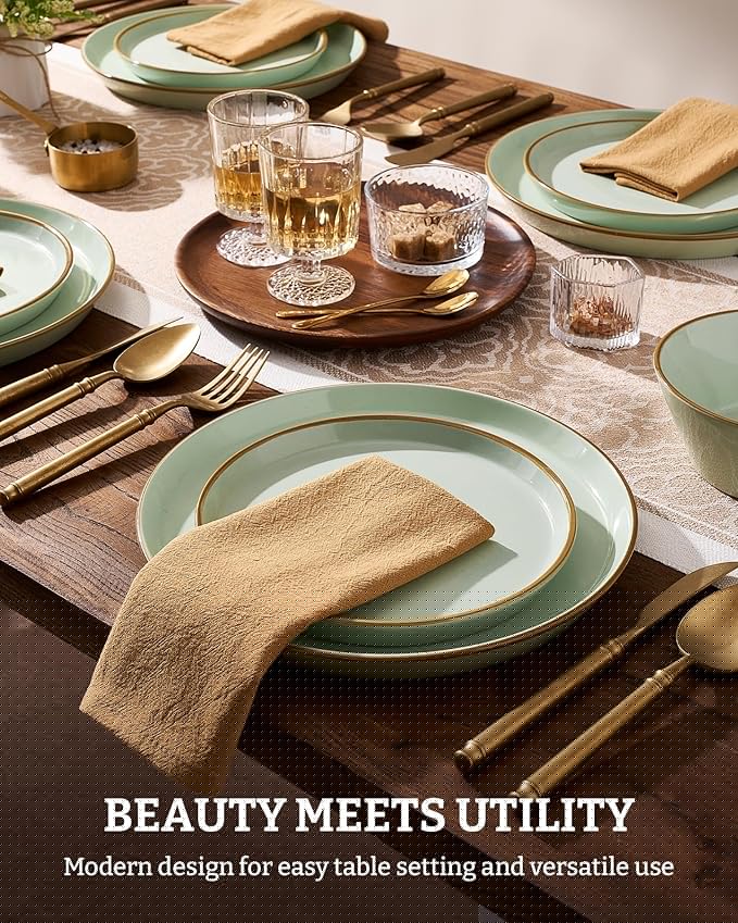 Famiware Saturn Dinnerware Sets Plates and Bowls Sets for 4 12 Pieces Stoneware Dish Set - Chip and Scratch Resistant Microwave and Dishwasher Safe Tableware Set Light Green with Rim
