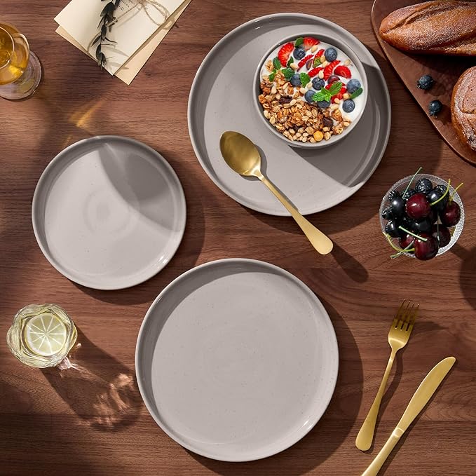 E-far 24-Piece Ceramic Dinnerware Sets Plates and Bowls Sets for 8 Stoneware Dishware Dishes Set with Terracotta Base Chip &amp Scratch Resistant Microwave &amp Dishwasher Safe Speckled Khaki