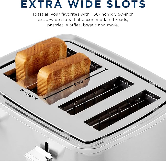 GE Stainless Steel 4 Slice Toaster | Extra Wide Slots for Bagels Breads Waffles &amp More | 7 Shade Options | Countertop Kitchen Essentials | 1500 watt