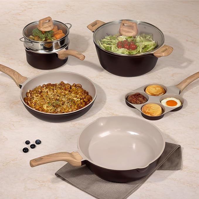 CAROTE 21 PCS Ceramic Cookware Set Pots and Pans Set Non Stick Pot and Pan Set with Frying Pan Induction Ready Cooking Set for Kitchen PFOS/PFOA/PFAS Free Brown