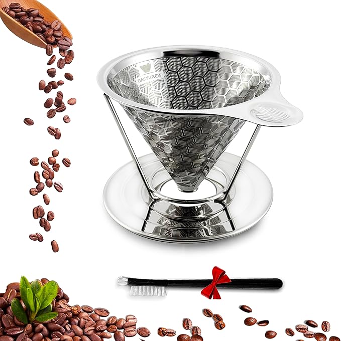 dailybrew Pour Over Coffee Maker Triple Layer Stainless Steel Cone Coffee Filter 4 Cup Non-electric Drip Coffee Maker Manual Portable Pour Over Coffee Maker Metal Cone Cafe Coffee Dripper