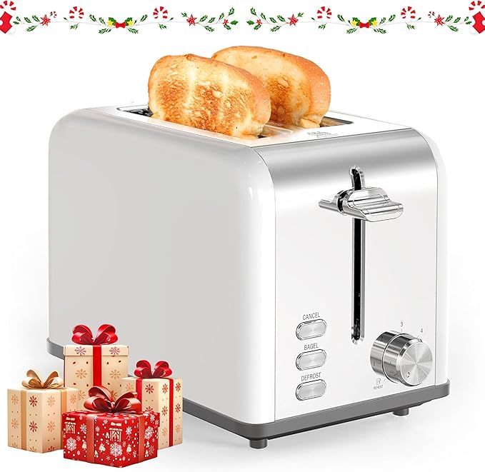YSSOA 2-Slice Stainless Steel Toaster 6 Browning Setting and 3 Function Extra Wide Slot &amp Removable Crumb Tray for Bread &amp Waffle White