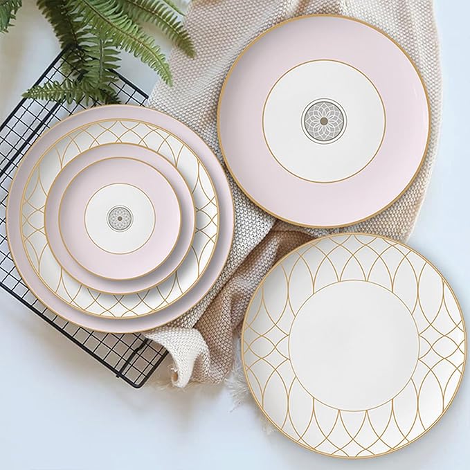 gold trim dinnerware set service for 6 24 pieces pink and white ceramic plate set luxury bone china dishes sets for wedding anniversary fine dining present