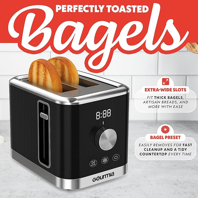 Gourmia 2 Slice Toaster – 6 Browning Levels with Bagel and Defrost Mode One-Touch Toasting Removable Crumb Tray Extra Wide Slots Compact Design Black