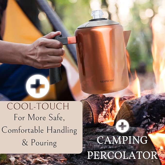 Mixpresso Copper Stainless Steel Coffee Percolator Stovetop 37oz Classic Percolator Coffee Pot Great For Camping Pot 5-8 Cup Stove Top Espresso Maker Cool-Touch Handle