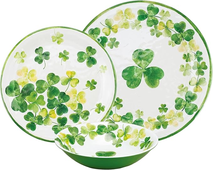 UPware 12 Piece Shamrocks Melamine Dinnerware Sets Outdoor Dishes Set Plates and Bowls Sets St. Patrick's Day Decorations Service for 4 Green