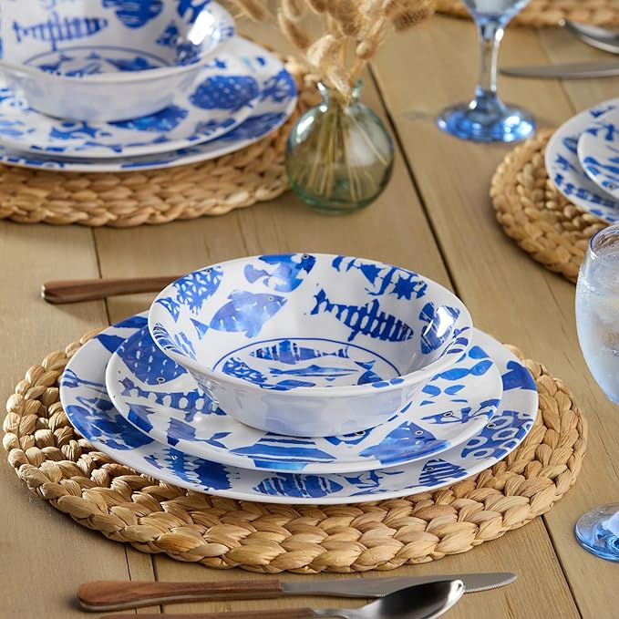 Fish Tale 12 Pc. MELAMINE DINNERWARE SET SERVICE for 4 – Cobalt Blue Fish School Outdoor Plates Bowls Shatterproof Coastal Dining Poolside Patio Entertaining Mediterranean Dreams for Every Meal