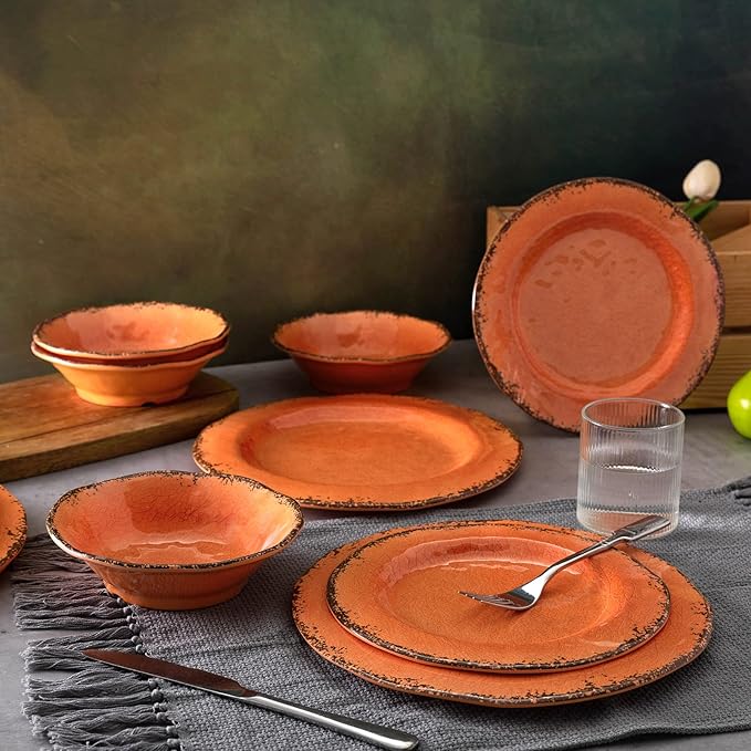 LEHAHA 12 Piece Crackle Lightweight Melamine Dinnerware Set-Service for 4 break-resistant and Durable Rustic Plates and Bowls Dishware Sets Perfect for Patio and Outdoor Activities