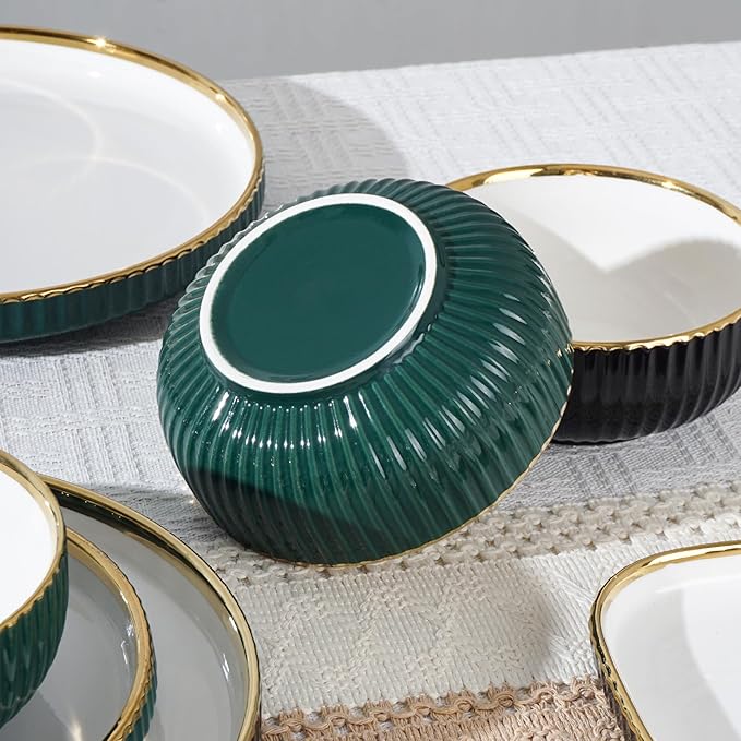 Luxury Black and White Porcelain Dinnerware Set 16 Piece Gold Rim Fluted Rim Design Service for 4 with Plates and Bowls Cups Saucers Dishwasher &amp Microwave Safe Modern (Green)