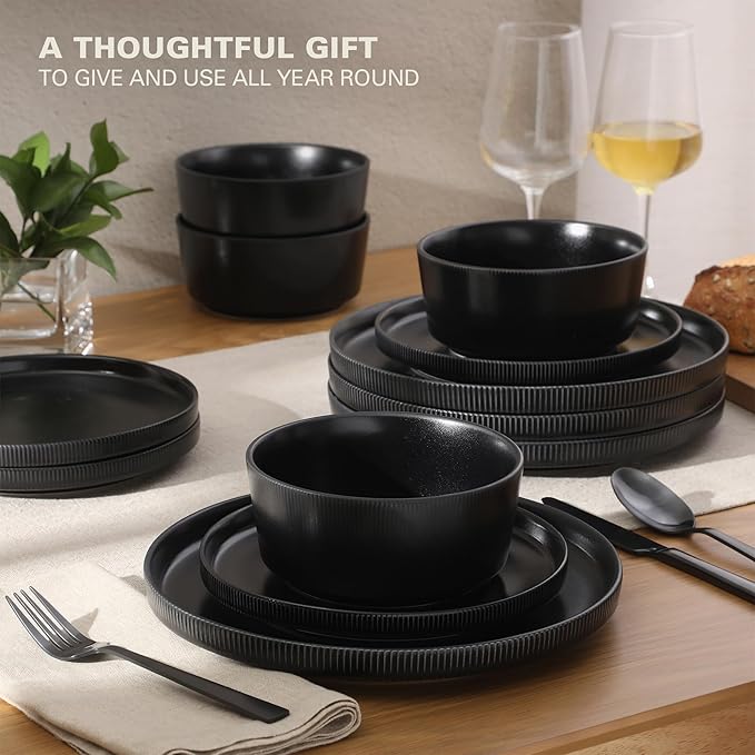 Gibson Home Dempsey Road 12-Piece Stoneware Dinnerware Set – Service for 4 Round Black Plates and Bowls Durable Solid Color Modern Embossed Dish Set Microwave &amp Dishwasher Safe