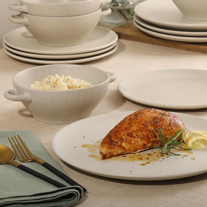 Gibson Elite Clover Hill 12-Piece Stoneware Dinnerware Set – White Cream Embossed Plates and Bowls with Matte Speckled Reactive Glaze Service for 4 – Microwave &amp Dishwasher Safe