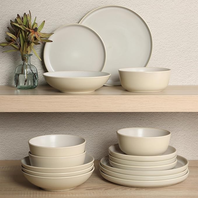 Gibson Elite Tribeca Loft 16-Piece Dinnerware Set – Matte Cream and White Reactive Glaze Stoneware Double Bowl Round Plates and Bowls – Modern Neutral Tableware for 4 Dishwasher &amp Microwave Safe