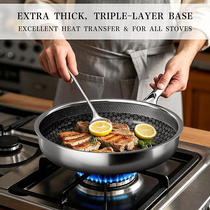 VONIKI Hybrid Tri-ply Stainless Steel Cookware Set Pots And Pans Set Non Stick with Steamer Basket Non Toxic Induction Cookware Kitchen Cookware Sets PFOA &amp PTFE Free Dishwasher and Oven Safe