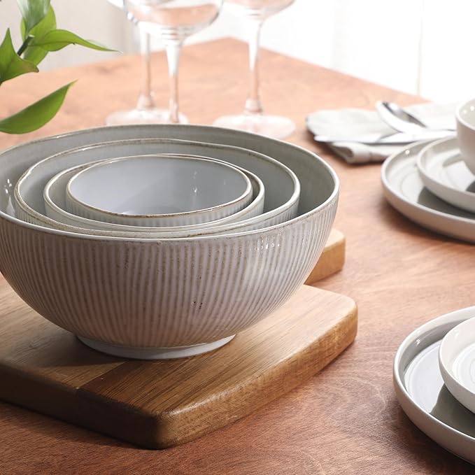 Gibson Elite Sandy Pines 4 Piece Nesting Bowl Set 4” 5.5” 7” &amp 9” Round Stoneware Bowls Reactive Glaze Finish Taupe Mixing Prep &amp Serving Bowls Microwave &amp Dishwasher Safe
