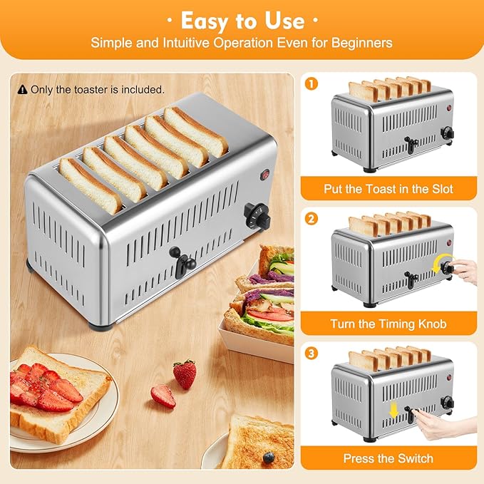 6 Slice Toaster 110V 1680W 6 Slot Electric Commercial Bread Toaster Stainless Steel Countertop Toasters for Restaurant and Home Kitchen