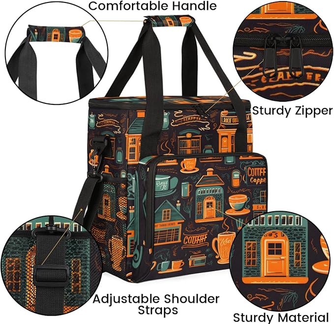 Cafe Life Themed Coffee Maker Travel Bag for Keurig K-Mini/K-Mini Plus Insulated Waterproof Tote with Pockets for K-Cup Portable Single-Serve Brewer Case