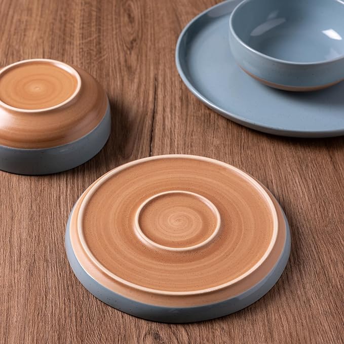 AmorArc Ceramic Dinnerware Sets for 8 24 Pieces Handpainted Plates and Bowls Set with Rustic Terracotta Underside Scratch Resistant Stoneware Dishes Set Dishwasher &amp Microwave Safe Stone Blue