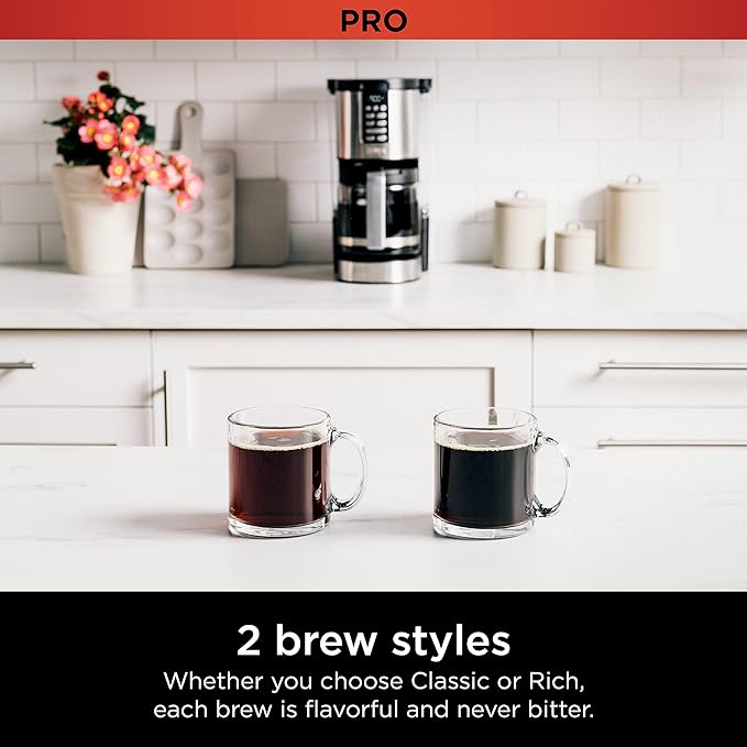 Ninja 14 Cup  Programmable Coffee Maker XL Pro with Permanent Filter 2 Brew Styles Classic &amp Rich 4 Programs Small Batch Delay Brew Freshness Timer &amp Keep Warm Stainless Steel DCM201