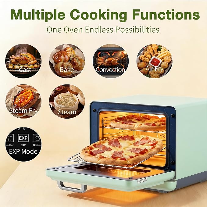 ROBAM Toaster Air Fryer Oven Combo Countertop Convection Cooker with Bake &amp Fry 1.2 Cu.Ft Large Capacity Combi Steam Oven 32 Preset Recipes Smart Touch Precise Temp Control Multi-Stage (Green
