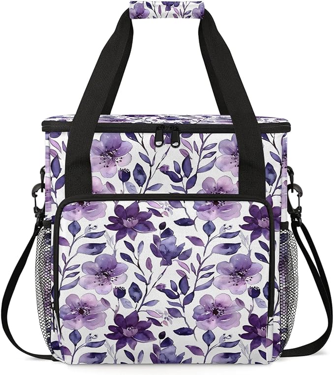 Flower Purple Coffee Maker Carring Bag Large Insulated Storage Organizer Case Tote Bags with Shoulder Strap for Travel Work Picnic