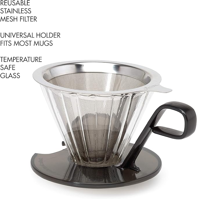 Primula Seneca Pour Over Coffee Maker Removable Ultra Fine Micro Mesh Stainless Steel Filter 4.8 x 4.8 x 4.8 inches Black