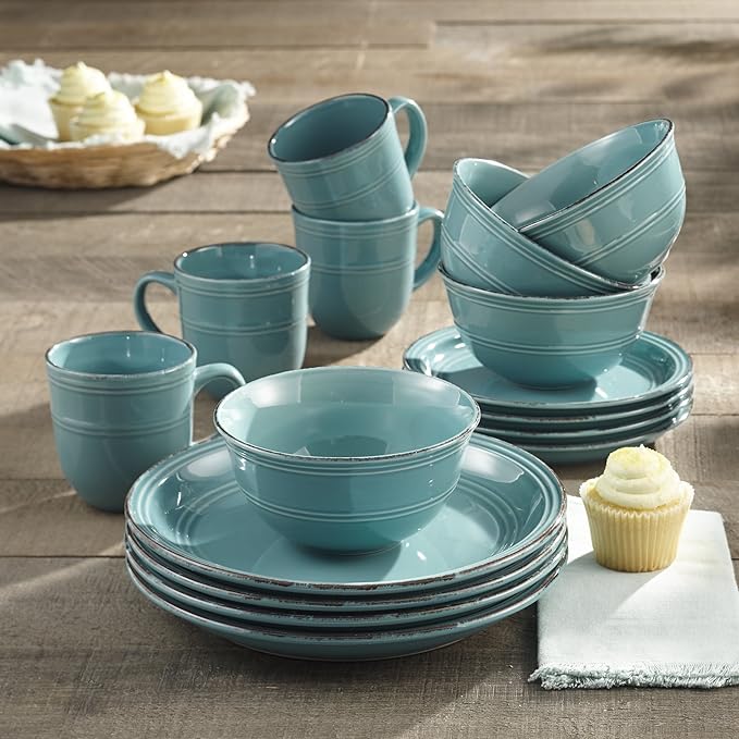 American Atelier Round Dinnerware Sets | Aqua Blue Kitchen Plates Bowls and Mugs | 16 Piece Stoneware Madelyn Collection | Dishwasher &amp Microwave Safe | Service for 4