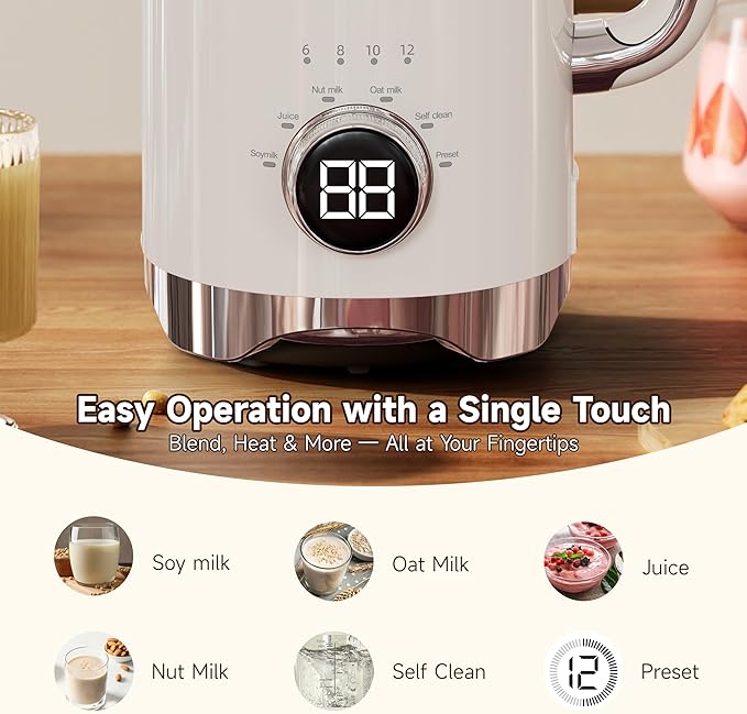 6-in-1 Upgraded 34oz Nut Milk Maker Machine with 8 Stainless Steel Blades Automatic Plant-Based Milk Maker for Homemade Soy Almond Oat Shakes &amp More Keep Warm Delay Timer &amp Self-Cleaning