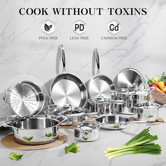 EWFEN Stainless Steel Cookware Set 3 Ply 17 Piece Stainless Steel Pot and Pan Set Oven Dishwasher Safe | Induction Compatible Frying Pans Saucepans Saute Pan &amp Stock Pot PFOA PTFE &amp PFOS
