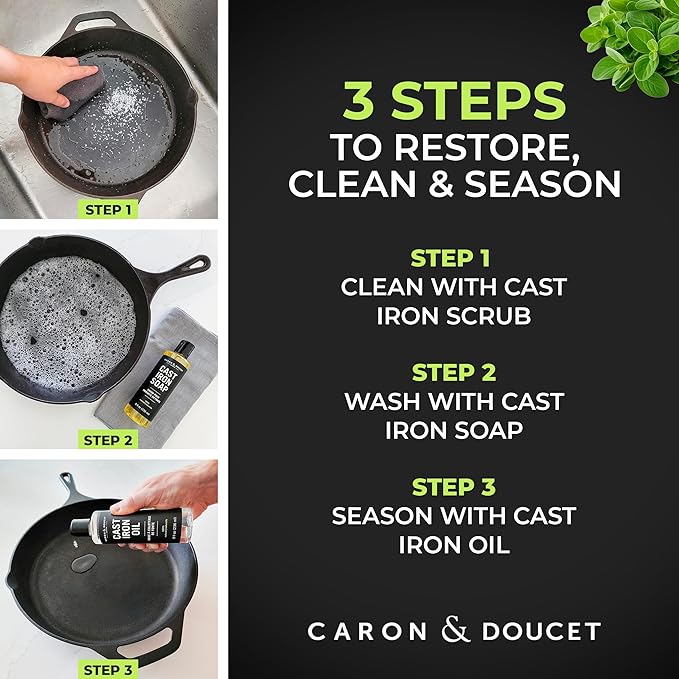 CARON &amp DOUCET - Ultimate Cast Iron Set: Seasoning Oil Cleaning Soap &amp Restoring Scrub | 100% Plant-Based &amp Best for Cleaning Care Washing Restoring &amp Seasoning Skillets Pans &amp