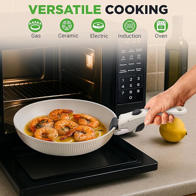 NutriChef 18-Piece Ceramic Cookware Set with Detachable Handles Non Stick Pots and Pans PTFE-Free Natural Ceramic Coating Space-Saving Design Oven &amp Stove Safe Includes Utensils Cream