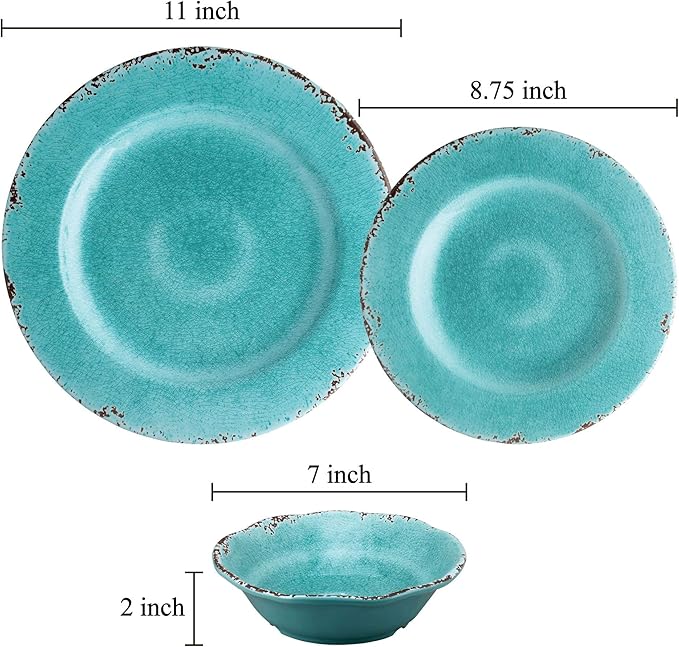 Supreme Housewares 12-Piece Melamine Dinnerware Set Includes Dinner Plates Salad Plates Bowls Service for 4. (Crackle Turquoise)