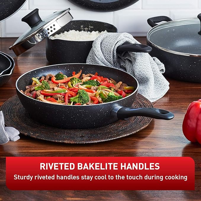T-fal Signature 9pc Cookware Set Non Stick pots and Pans Non Toxic Cookware Set Thermo-spot Heat Indicator Dishwasher Safe Black