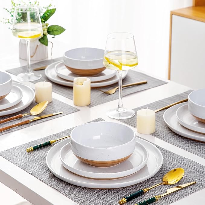 AmorArc Ceramic Dinnerware Sets for 4 12 Pieces Handpainted Plates and Bowls Set with Rustic Terracotta Underside Scratch Resistant Stoneware Dishes Set Dishwasher &amp Microwave Safe White