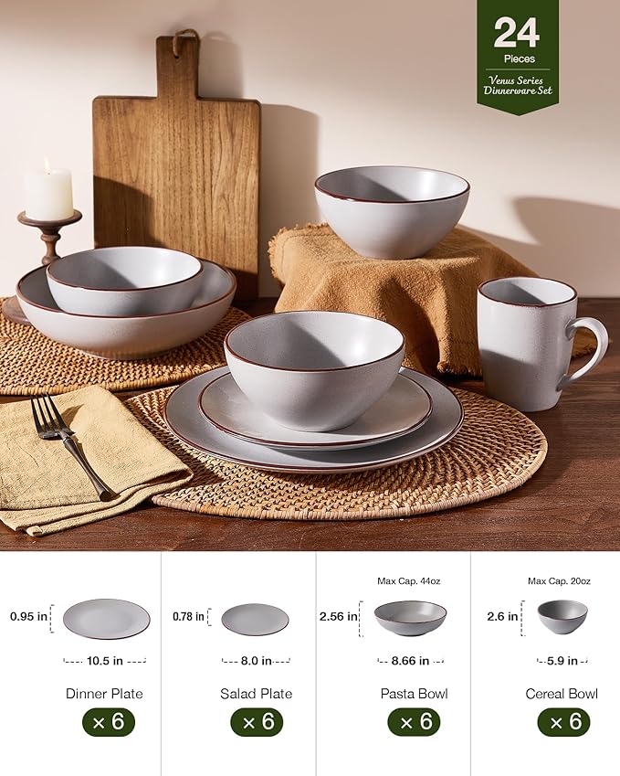 Famiware Venus Speckled Dinnerware Set 24-Piece Stoneware Dishes for 6 Matte Light Gray - Includes Pasta Bowls &amp Dinner Plates for Everyday Meals or Formal Dining Microwave &amp Dishwasher Saf
