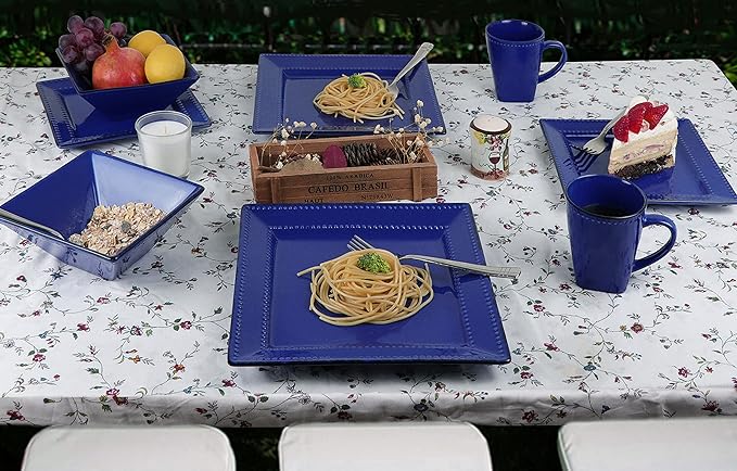 Stylish and Elegant 16 Piece Square Beaded Stoneware Dinnerware set Service for Hosting Parties and Events - Blue 16 Piece Square Beaded
