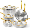 Michelangelo Triply Stainless Steel Pots and Pans Set 10-Piece Hammered Stainless Steel Cookware Set with Golden Handle Premium Induction Kitchen Cookware Oven Safe
