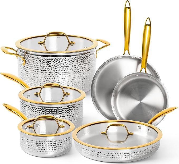 Michelangelo Triply Stainless Steel Pots and Pans Set 10-Piece Hammered Stainless Steel Cookware Set with Golden Handle Premium Induction Kitchen Cookware Oven Safe