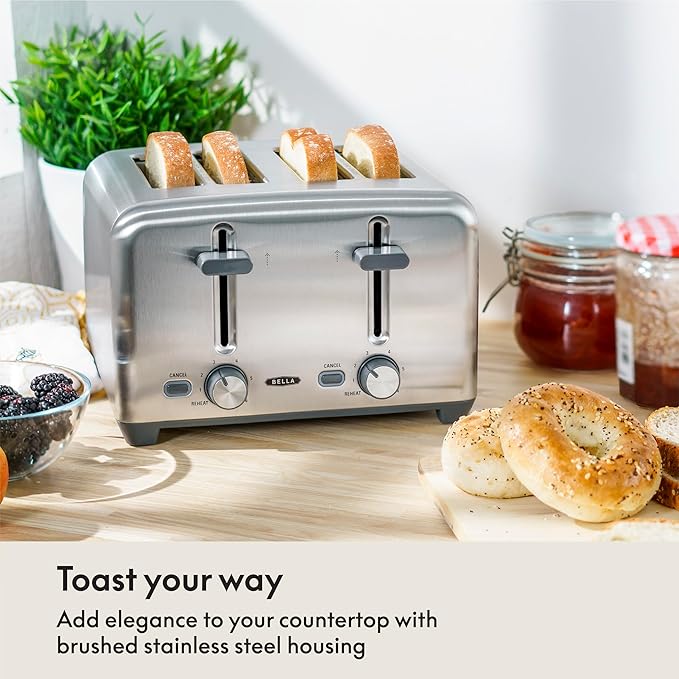 bella 4 Slice Toaster with Auto Shut Off Extra Wide Slots and Removable Drop-Down Crumb Tray with Cancel and Reheat Function For Texas Toast Large Bread &amp Bagel Stainless Steel