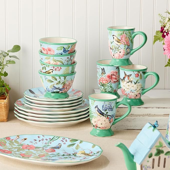 Flora 16-Piece Dinnerware Set Service for 4 – Includes Dinner Plates Dessert Plates Pedestal Mugs and Pedestal Ice Cream Bowls with Vibrant Nature-Inspired Floral Designs