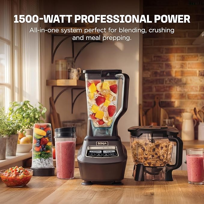 Ninja Kitchen System | All-in-One Food Processor &amp Blender for Smoothies | Includes Pitcher (2) 16 oz. To-Go Cups &amp 8-Cup Bowl | Makes Salsa Dough Shakes &amp Frozen Drinks | 1500W | Blac