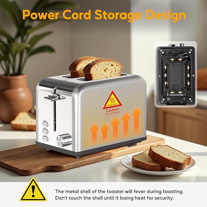 HealSmart 2-Slice Stainless Steel Toaster 6 Browning Setting and 3 Function Toaster Extra Wide Slot &amp Removable Crumb Tray for Bread &amp Waffle Silver